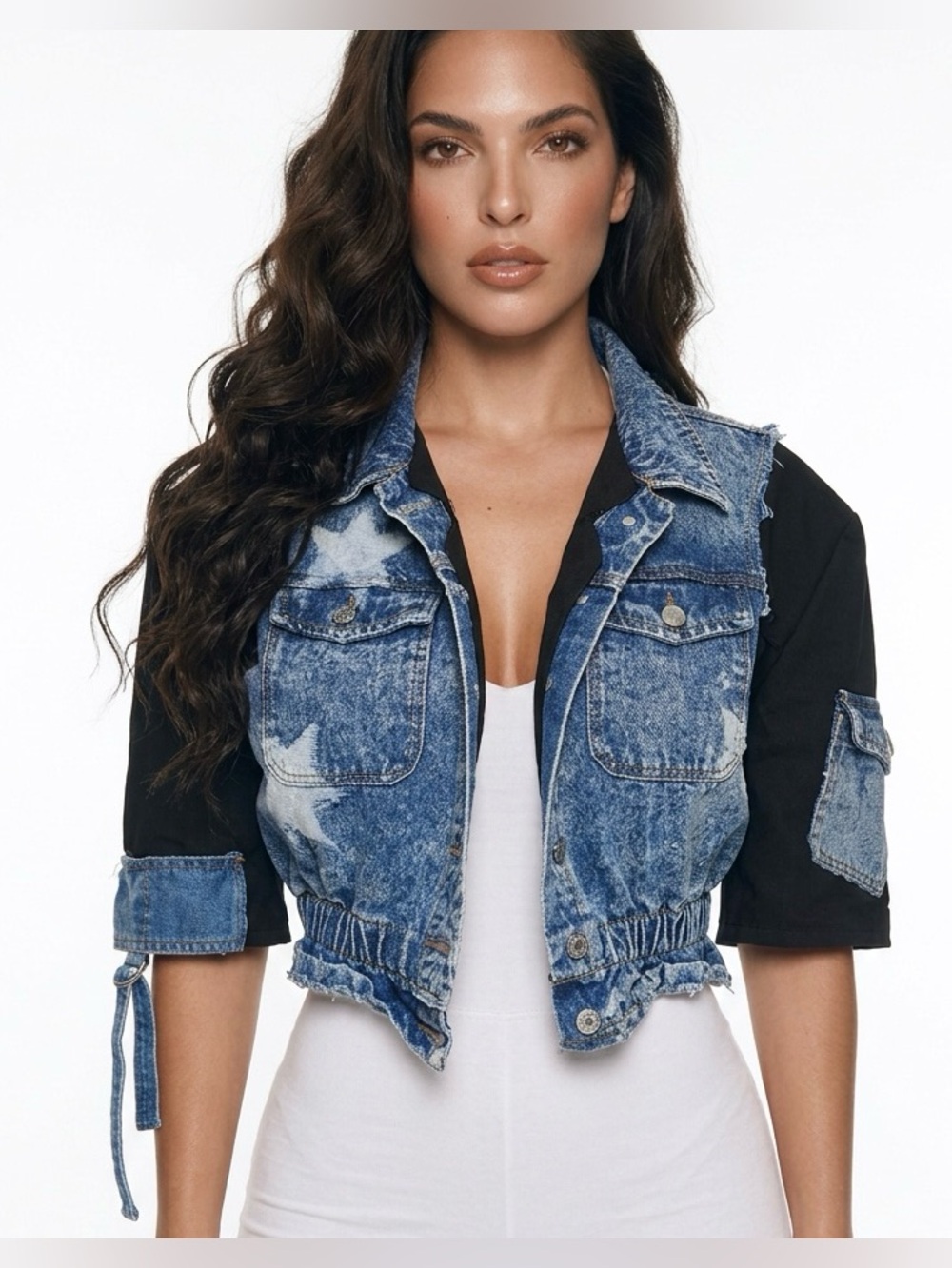 Upcycled Cropped Wash Denim Jacket with Black Sleeve Panels size M